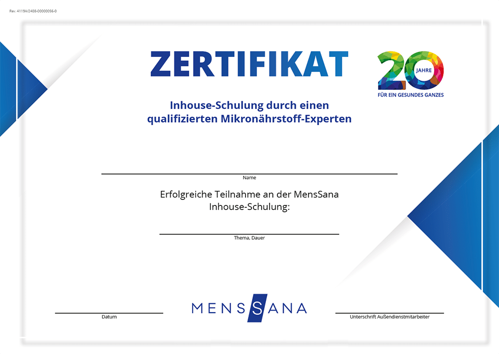 Zertifikat Vordruck A4 Inhouse Schulung MensSana